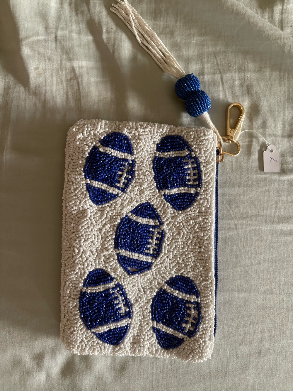 Football themed Beaded White & Blue Wristlet Clutch
